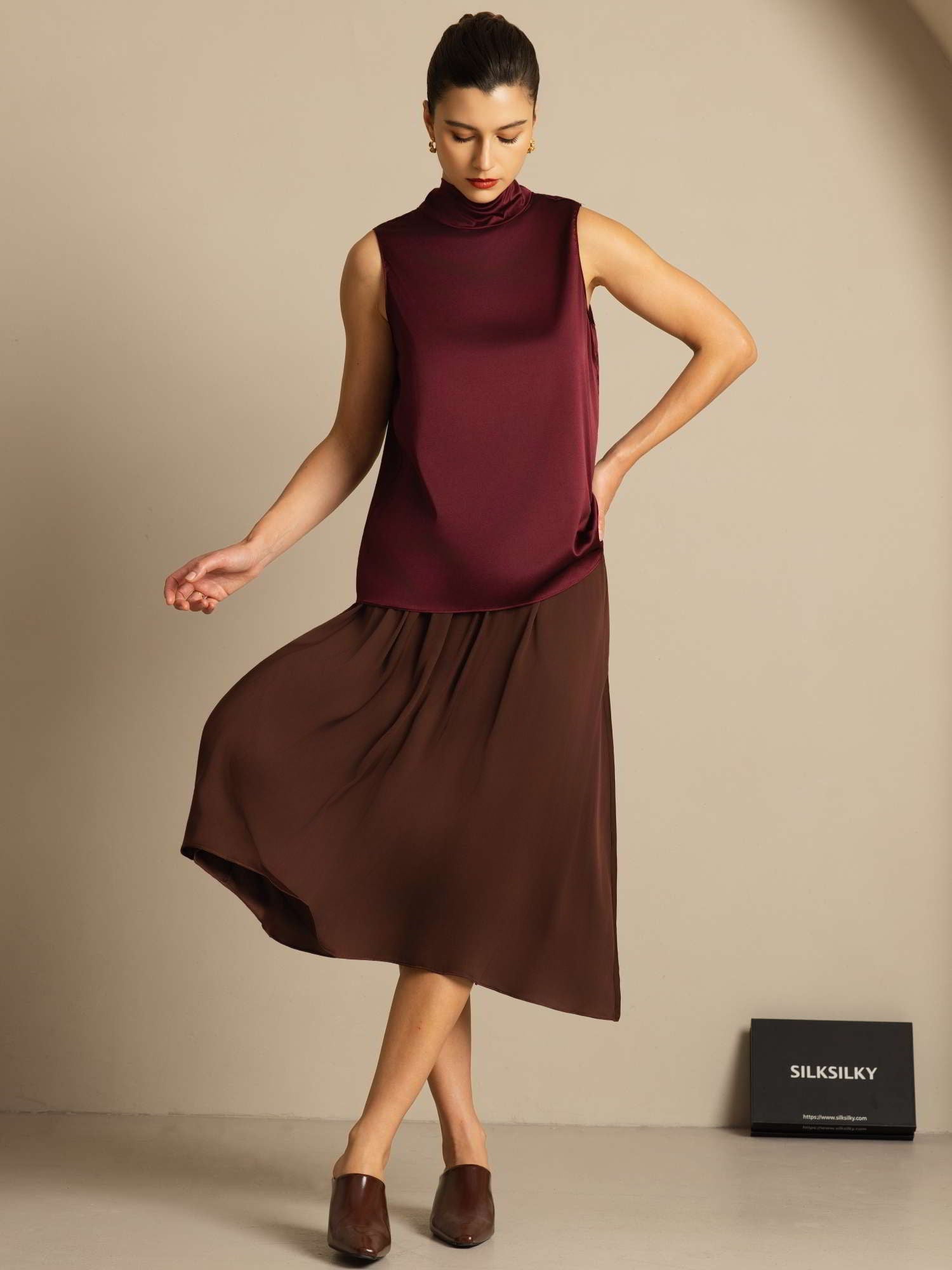 [Rosso Scuro] SilkSilky-IT 19Momme Senza maniche Collo con fiocco Camicette 010