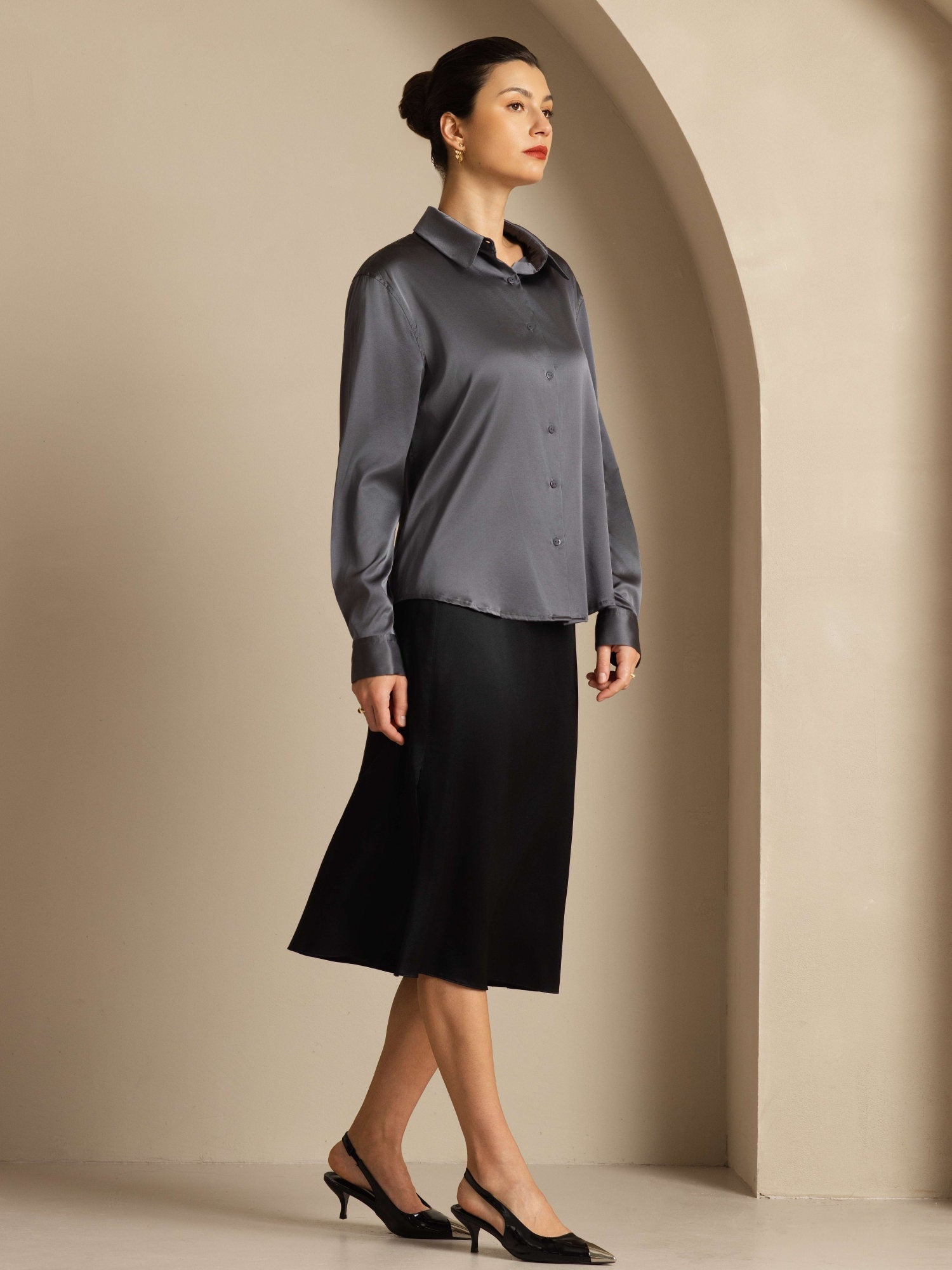 [Grigio Scuro] SilkSilky-IT Manica lunga Colletto risvolto Camicie da donna 004