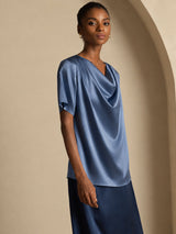 [Verde Petrolio Intenso] SilkSilky-IT Short Sleeve Cowl Neck Bluse 004