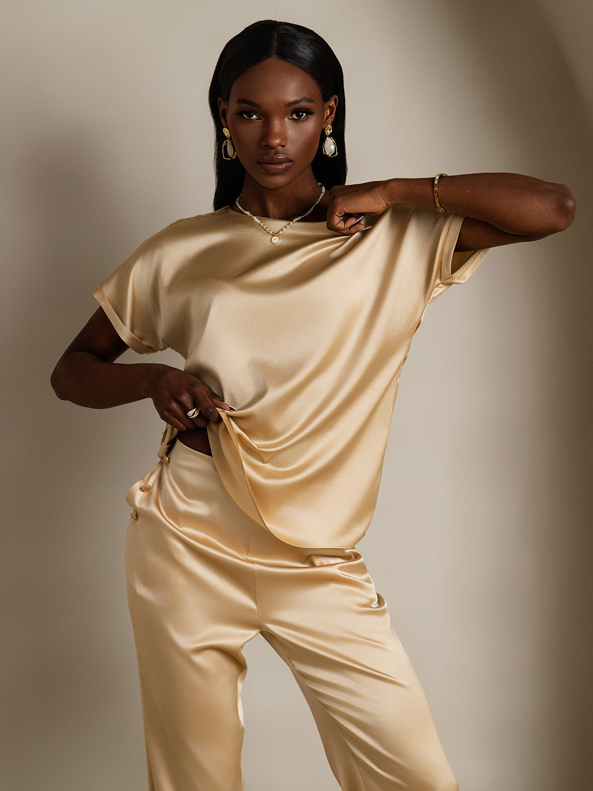 [Champagne] SilkSilky-IT 19Momme Seta Maniche Corte Womens T-Shirt 004