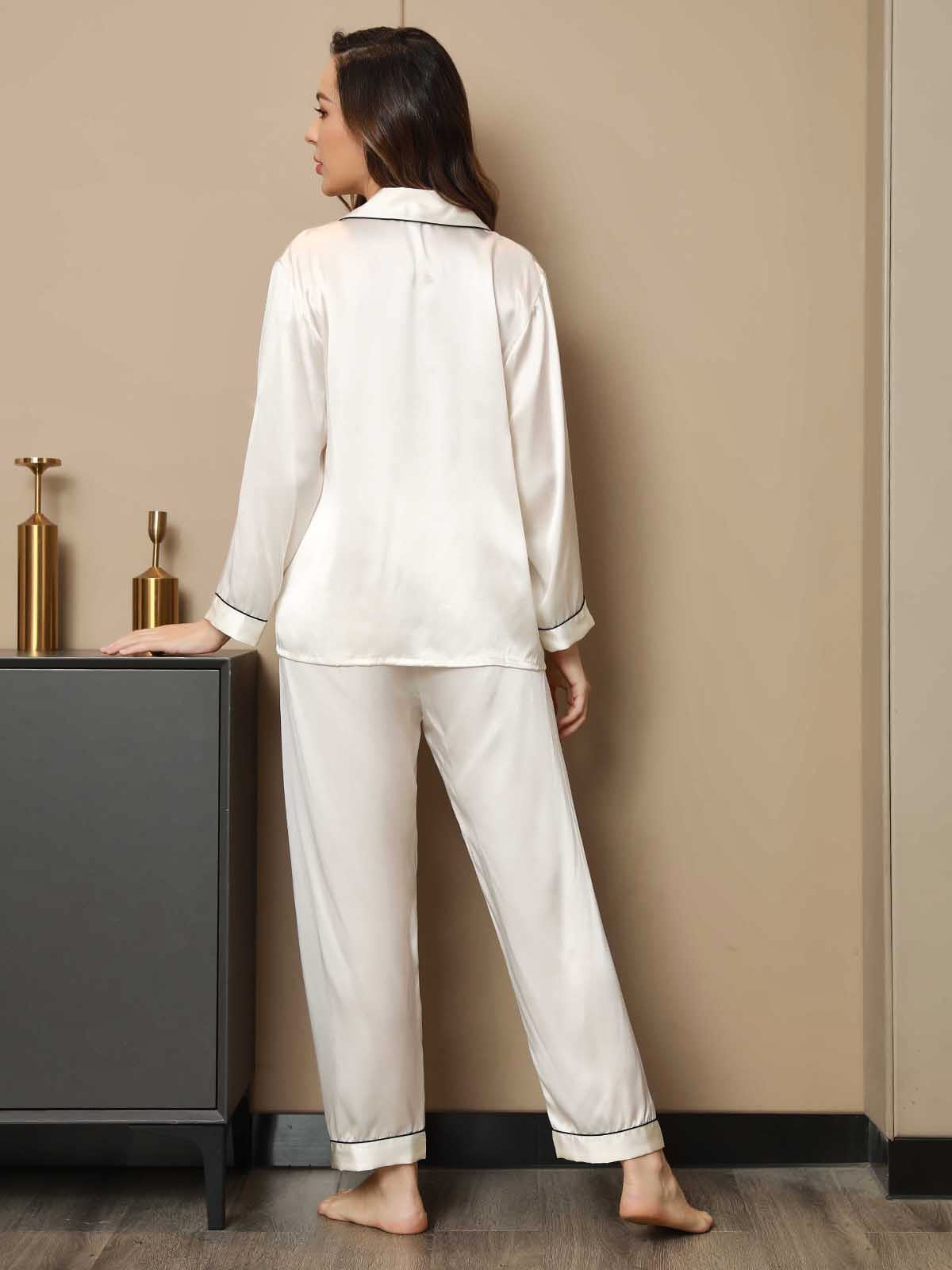 [Bianco] SilkSilky-IT Manica lunga Collo a Taglio Pigiami da donna 002