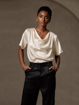 [Beige] SilkSilky-IT Short Sleeve Cowl Neck Bluse 003