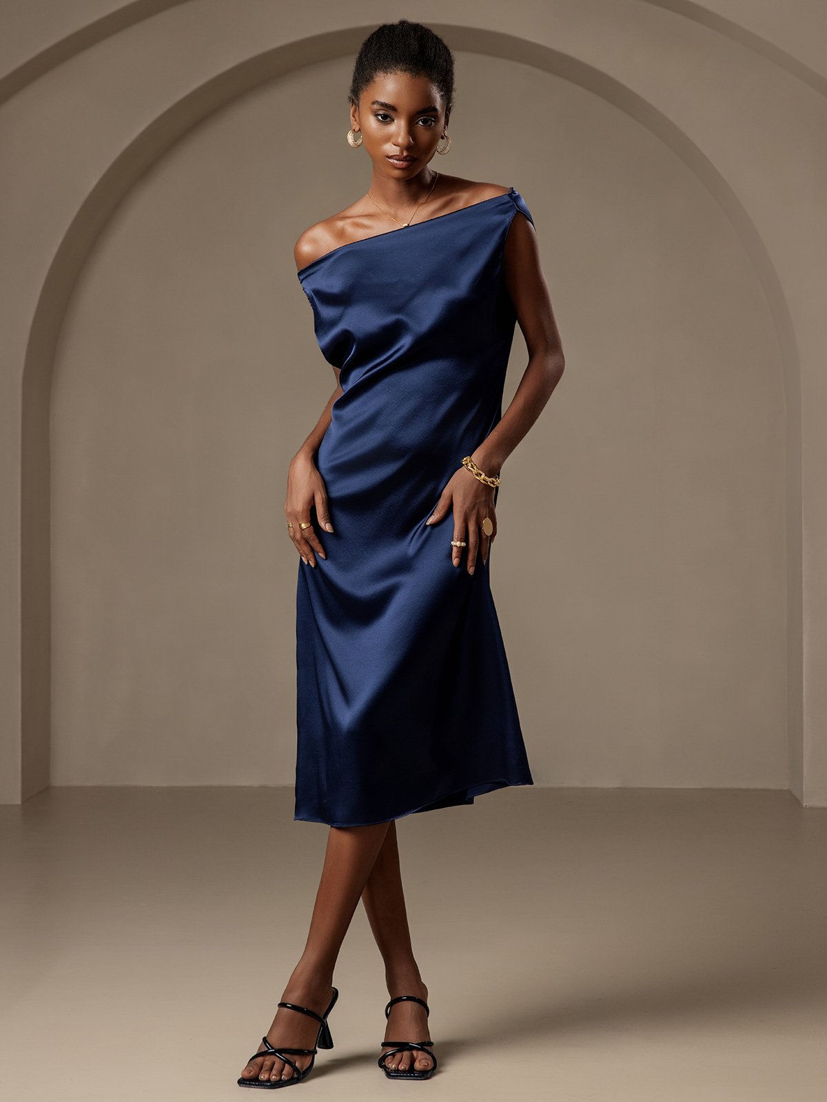 [Blu Scuro] SilkSilky-IT 19Momme Senza maniche Collo drappeggiato Vestiti da donna 007