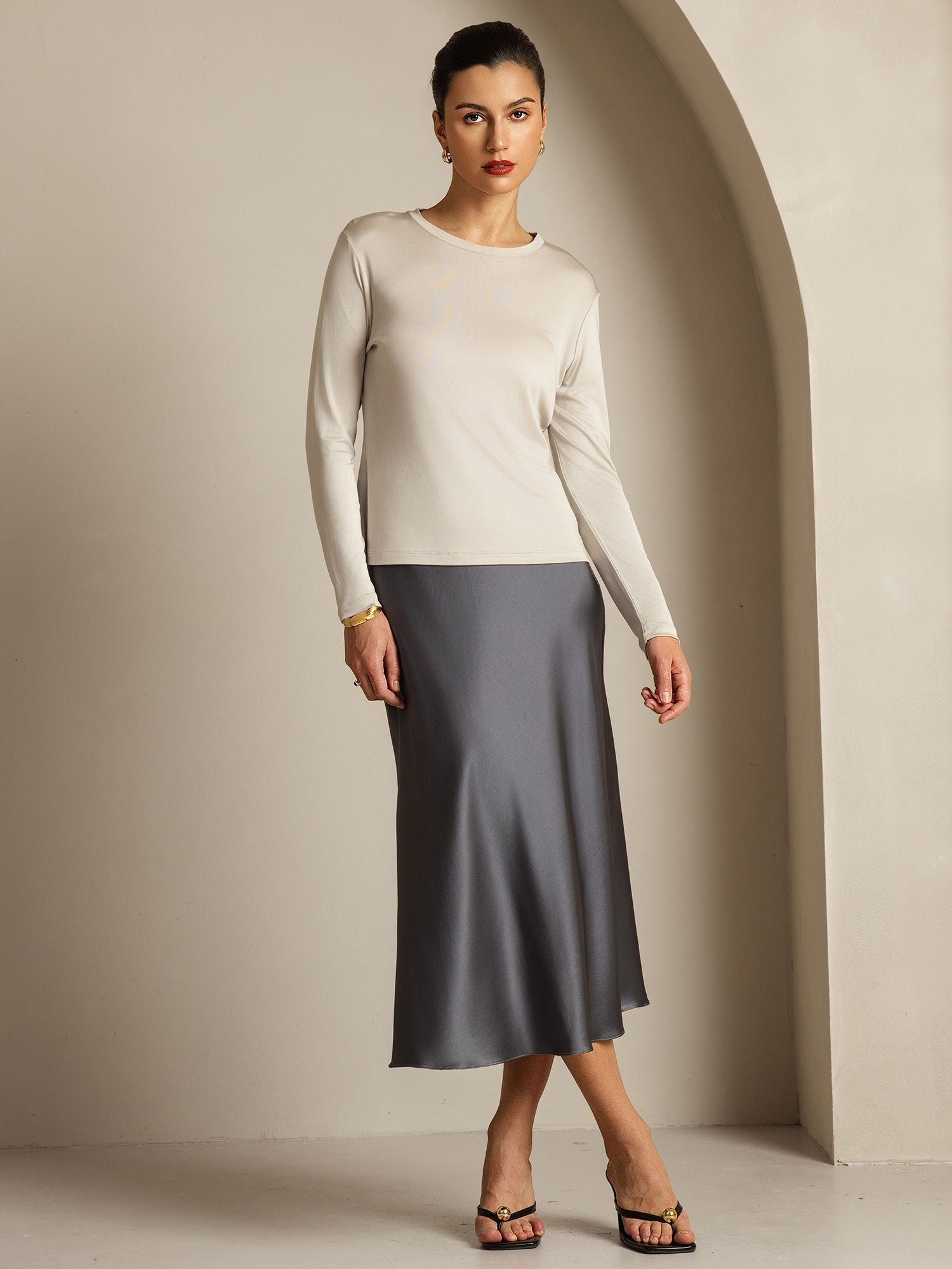 [Grigio] SilkSilky-IT Seta pura Womens T-Shirt 009,