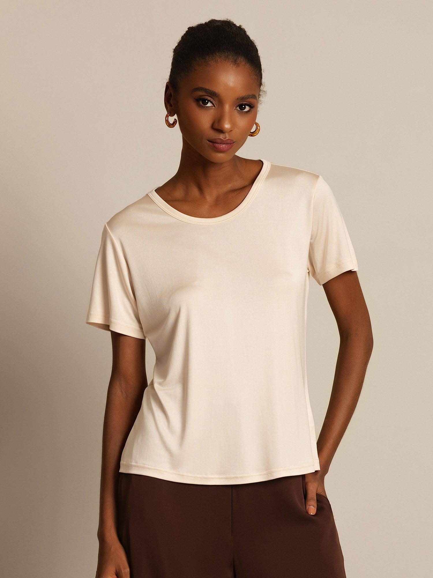 [Beige] SilkSilky-IT Maglia di seta Womens T-Shirt 006