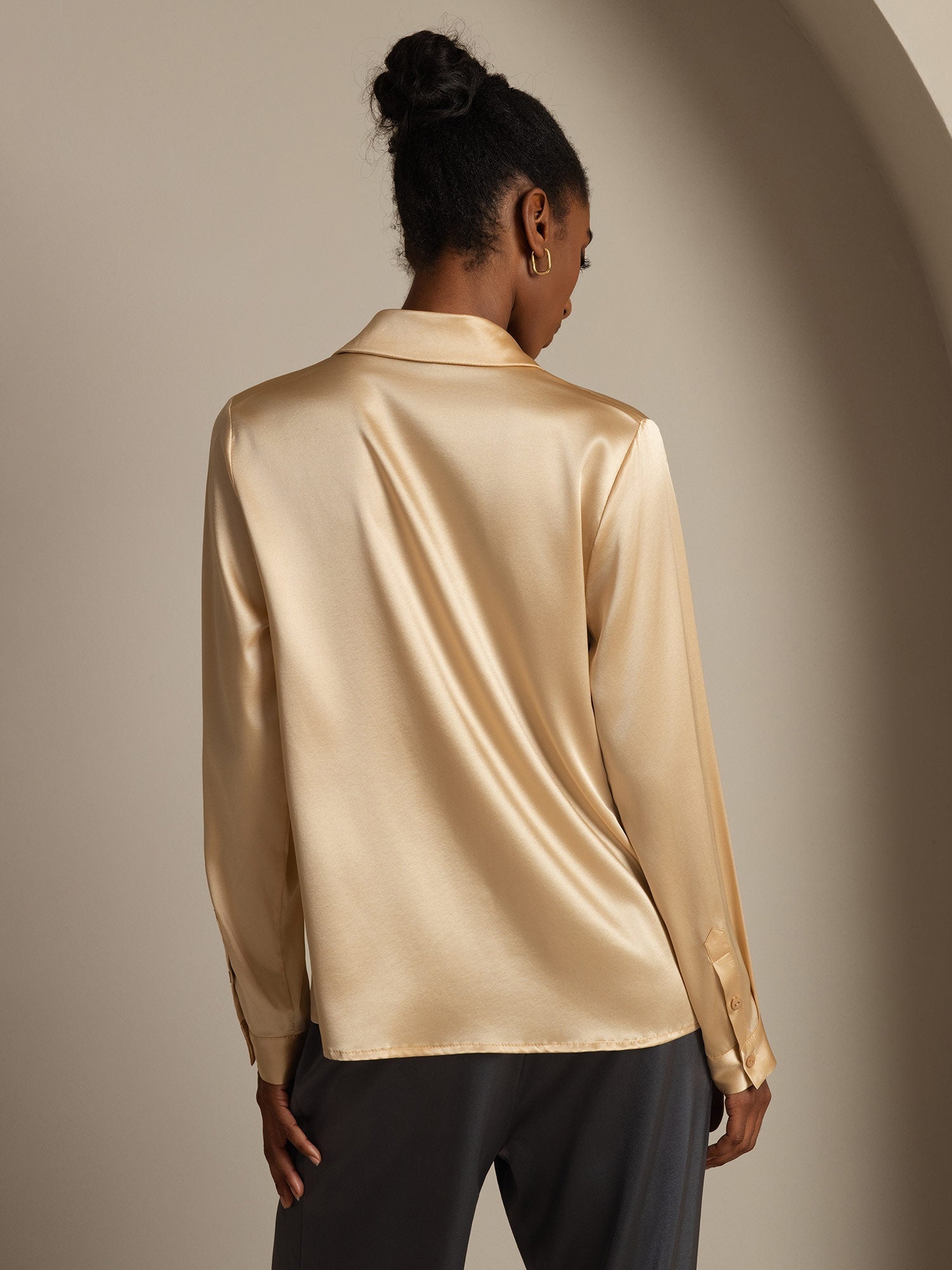 [Champagne] SilkSilky-IT 19Momme Manica lunga Colletto con Revers Camicie da donna 003