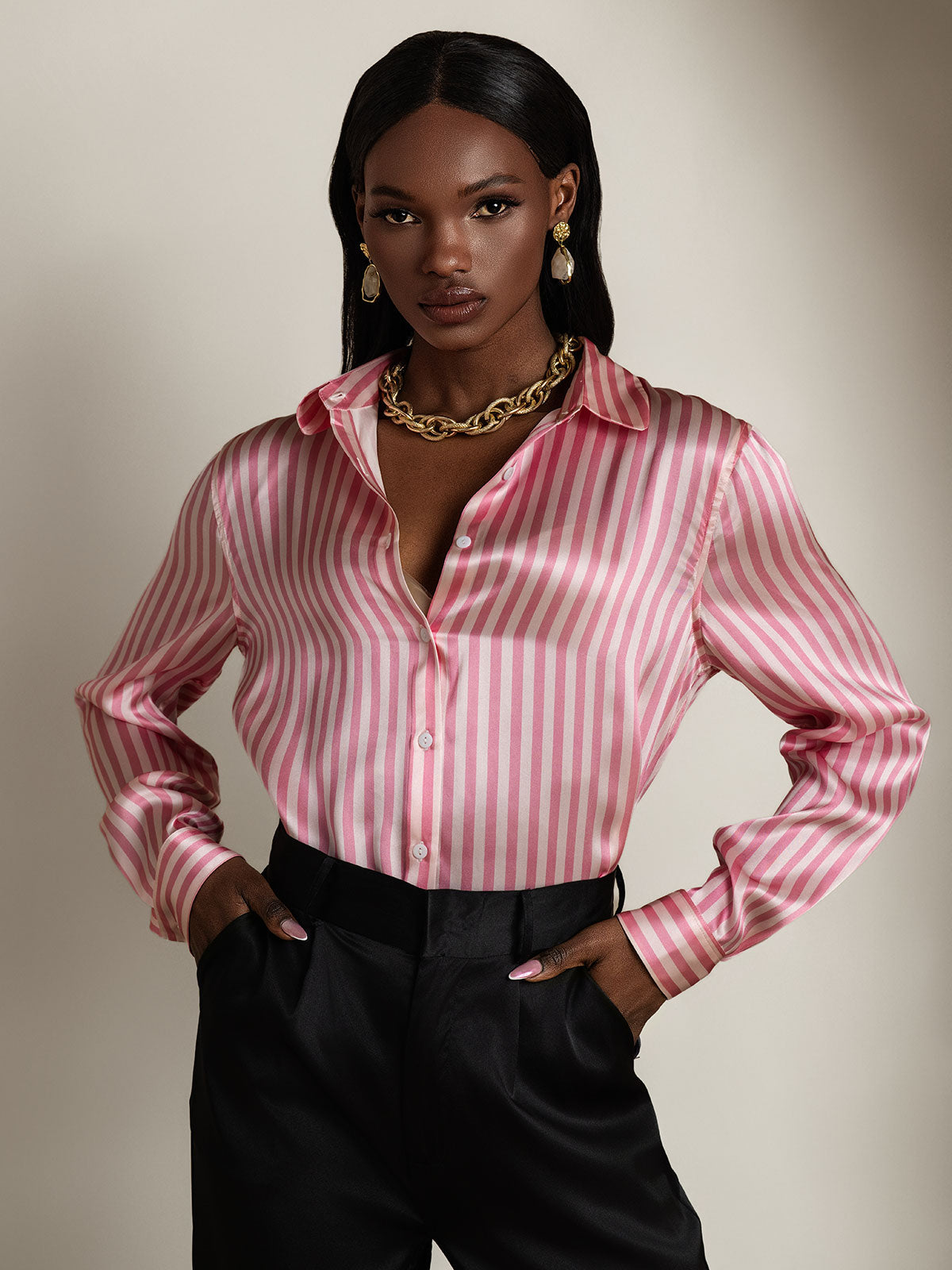 [Rosa] SilkSilky-IT Seta Colletto risvolto Camicie da donna 005