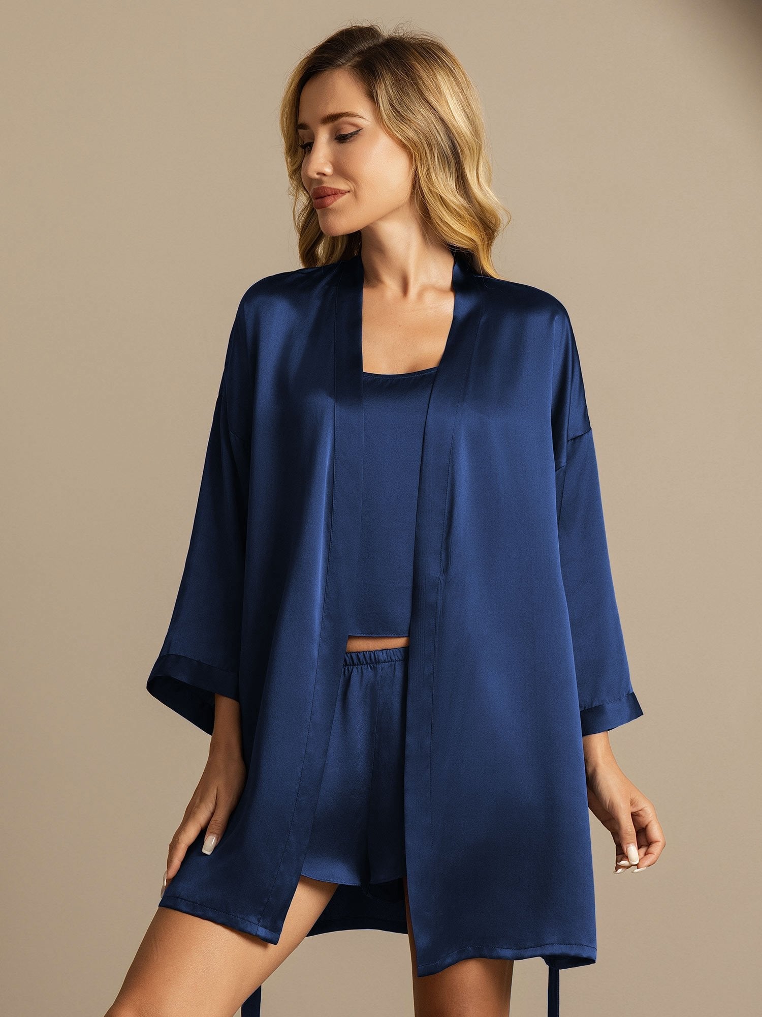 [Blu Scuro] SilkSilky-IT Seta pura Nightgown&Robe Set 007,