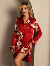 [Rosso Scuro] SilkSilky-IT Long Sleeve Lapel Collar Camicia da notte 008