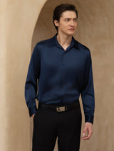 [Blu Scuro] SilkSilky-IT 19Momme Manica lunga Colletto con Revers Camicia da uomo 005