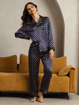 [Catena Blu Navy] SilkSilky-IT Long Sleeve Lapel Collar Pigiami da donna 002