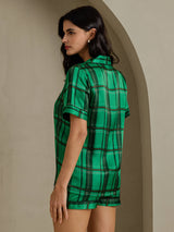[Quadri Verdi] SilkSilky-IT Short Sleeve Notch Collar Pigiami da donna 002