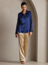 [Blu Scuro] SilkSilky-IT Long Sleeve Lapel Collar Camicie da donna 005