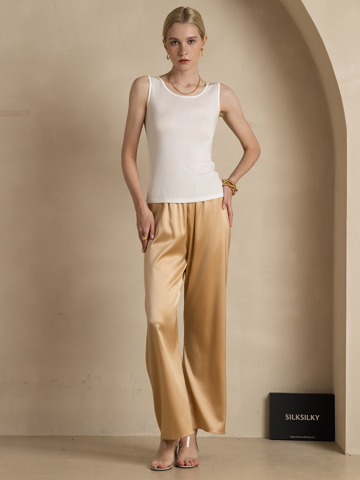 [Bianco] SilkSilky-IT Maglia di seta Senza maniche Round Neck Magliette donna 007