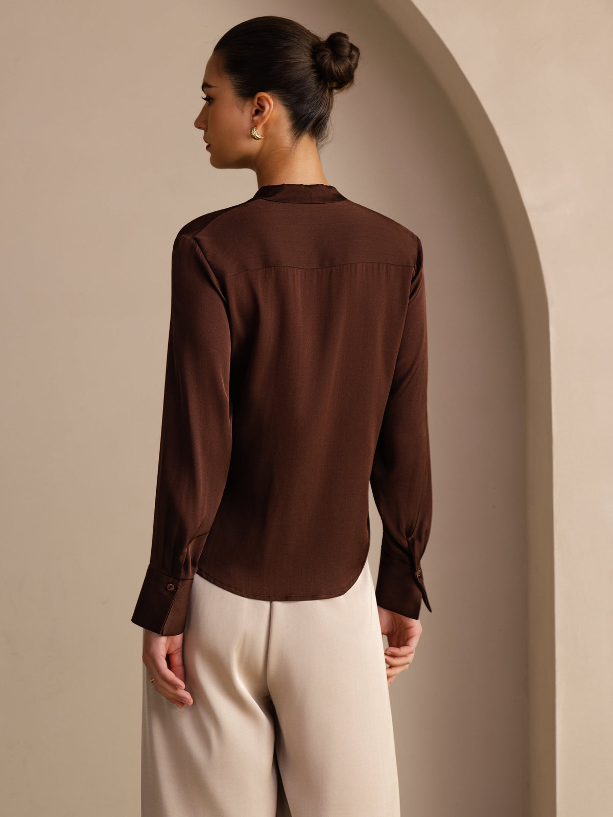 [Cioccolato Fondente] SilkSilky-IT Long Sleeve Tie Neck Bluse 002
