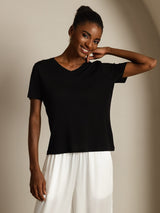 [Nero] SilkSilky-IT Short Sleeve V Neck Magliette donna 007