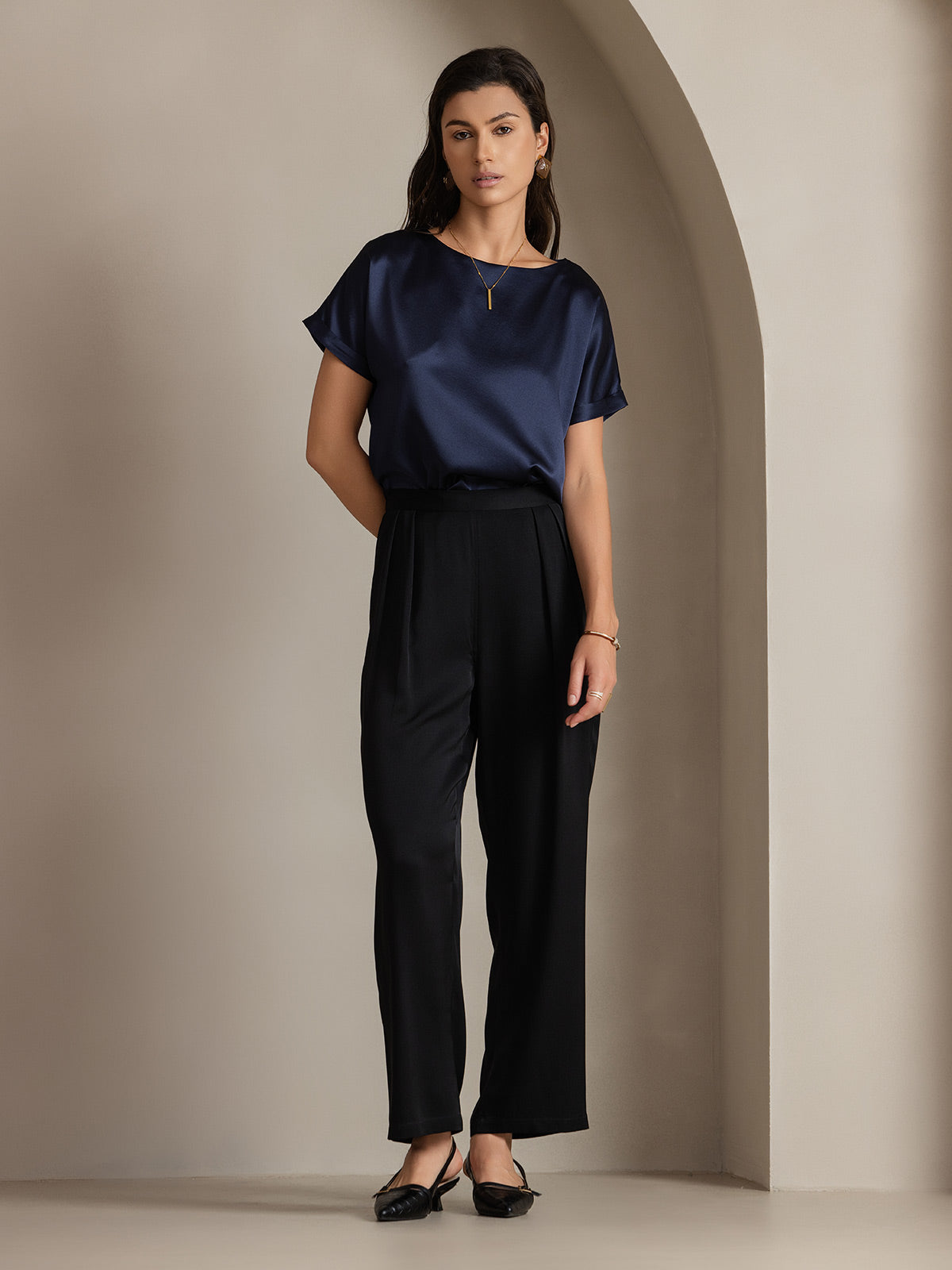 [Blu Scuro] SilkSilky-IT 19Momme Seta Maniche Corte Womens T-Shirt 004