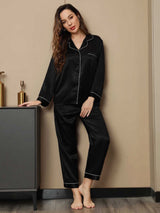 [Nero] SilkSilky-IT Manica lunga Collo a Taglio Pigiami da donna 004