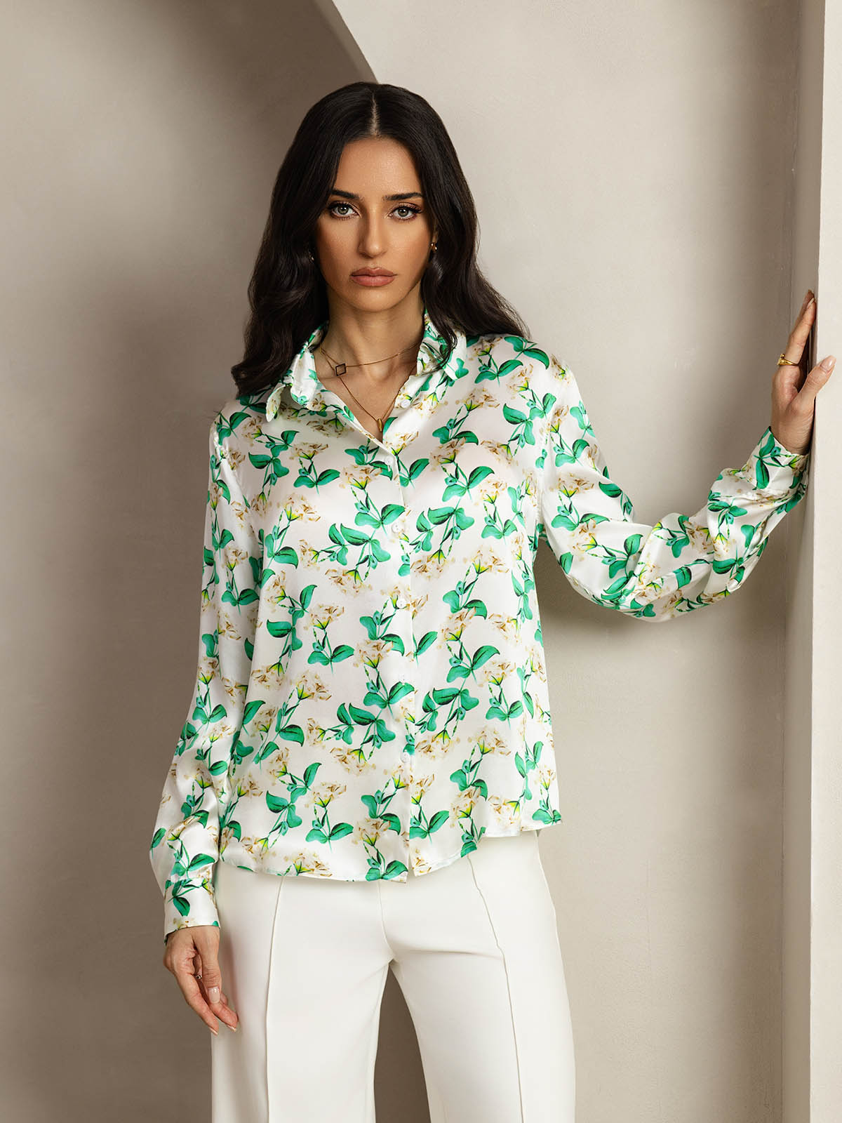 [Floreale Verde] SilkSilky-IT Seta Colletto risvolto Camicie da donna 001