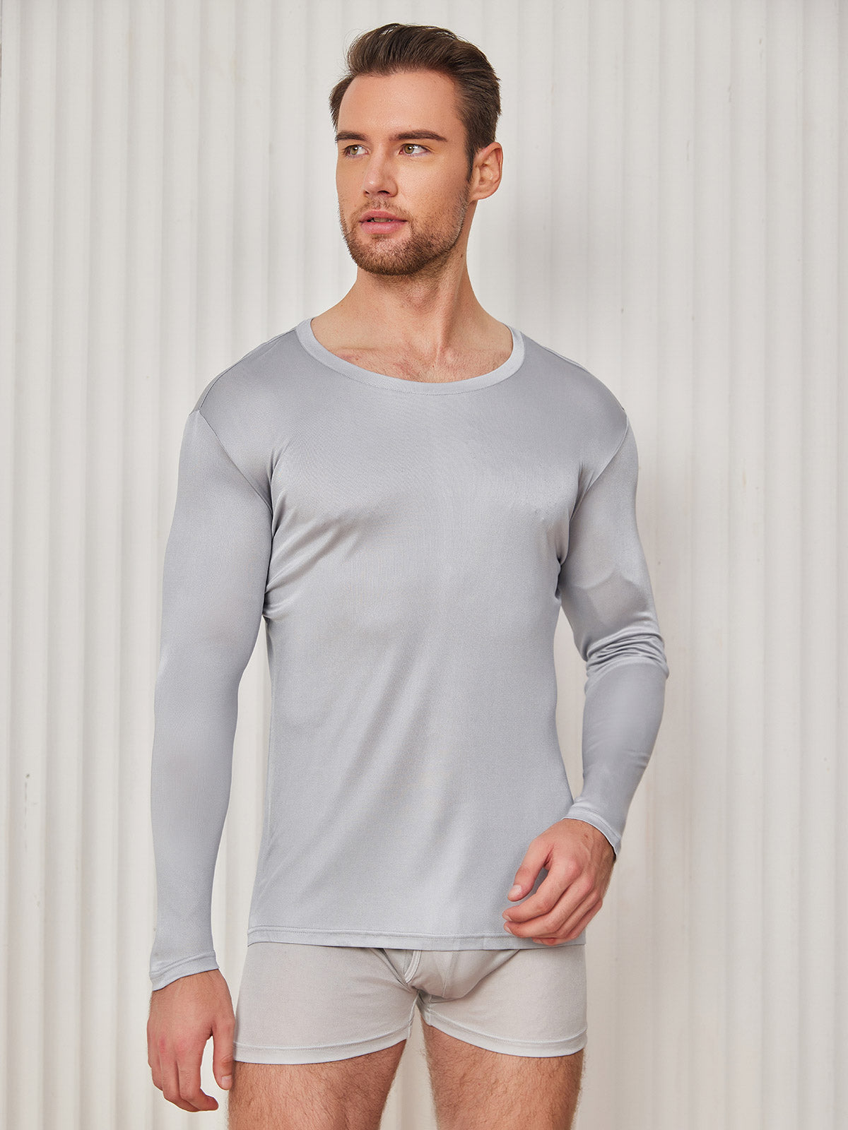[Grigio Chiaro] SilkSilky-IT Maglia di seta Mens T-Shirt 001
