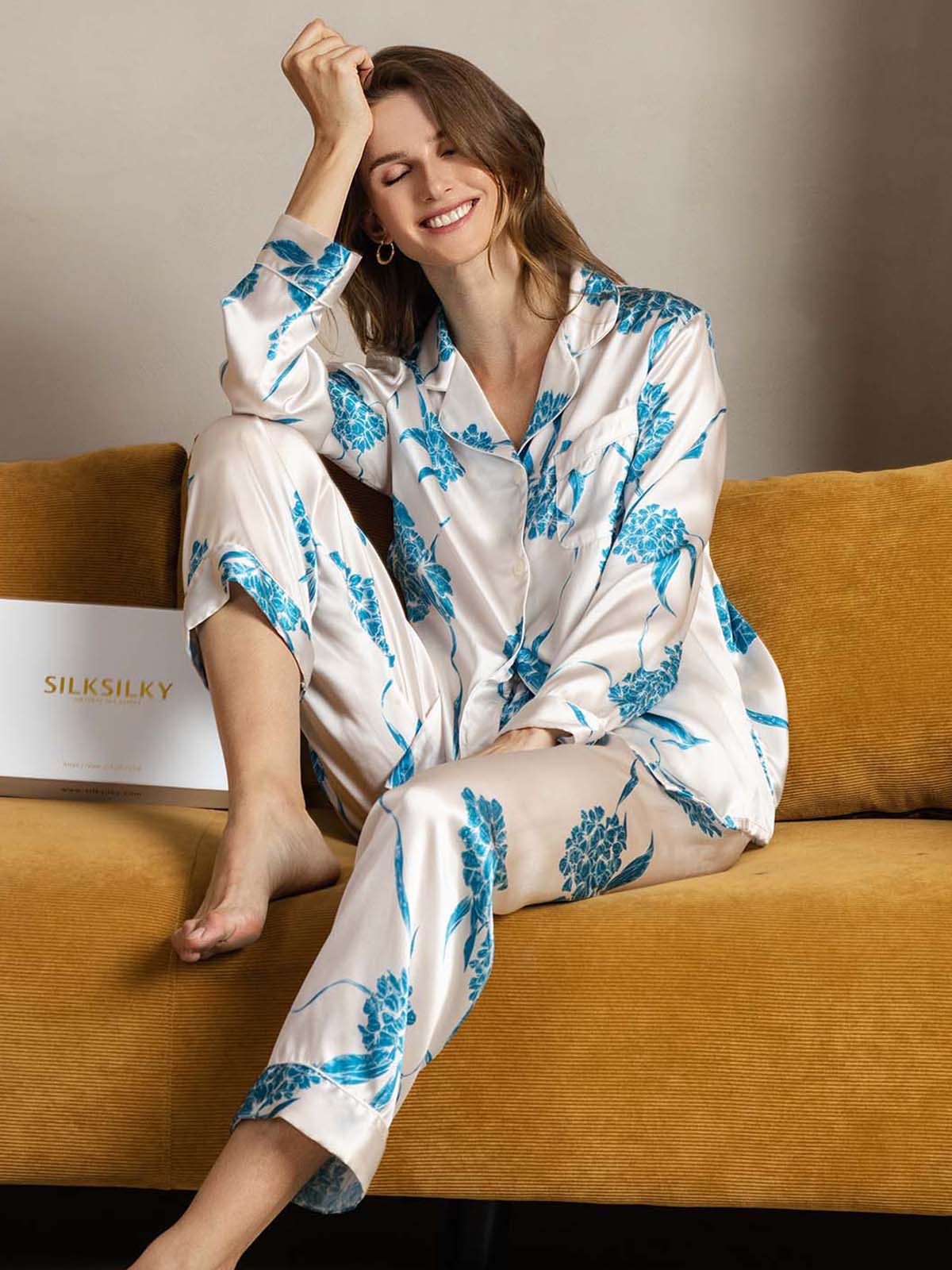 [Floreale Blu] SilkSilky-IT Seta pura Womens Pajamas 003