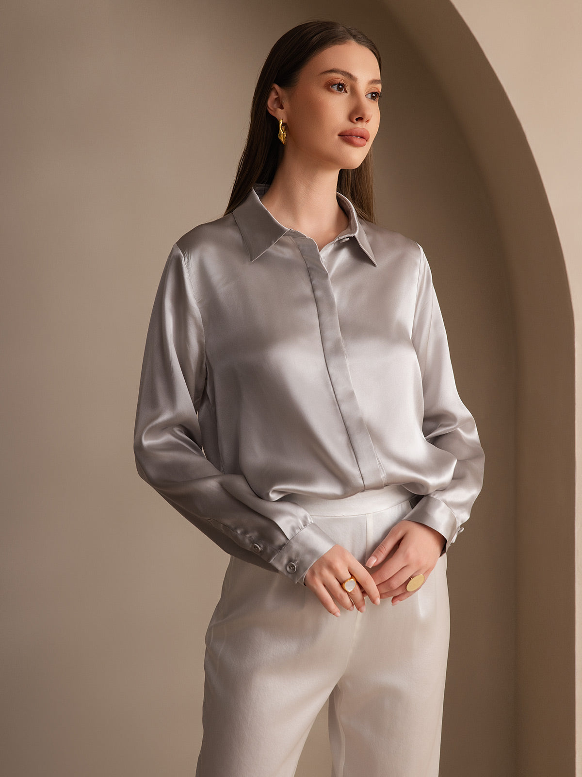 [Grigio Chiaro] SilkSilky-IT 19Momme Seta Lapel Collar Camicie da donna 004