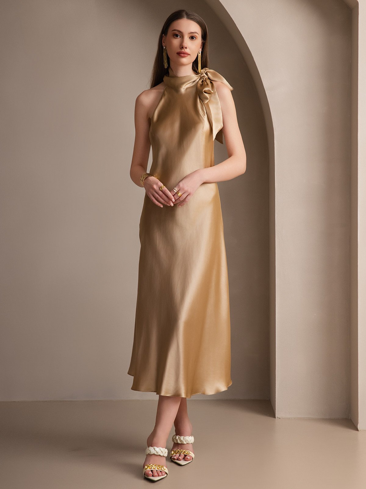 [Champagne] SilkSilky-IT 19Momme Seta Senza maniche Nodo al collo Vestiti da donna 006