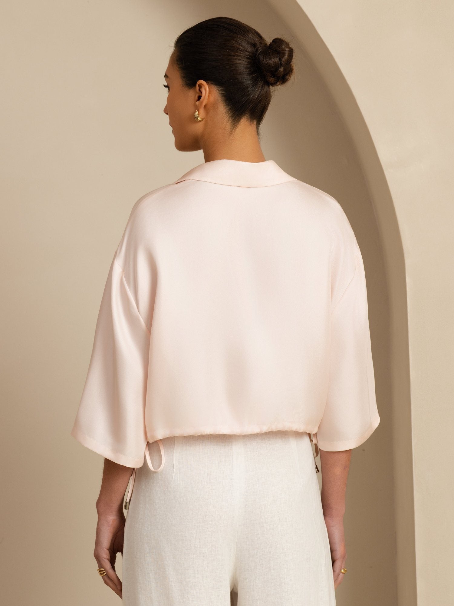 [Rosa] SilkSilky-IT 18Momme Manga media Colletto con Revers Camicette 002