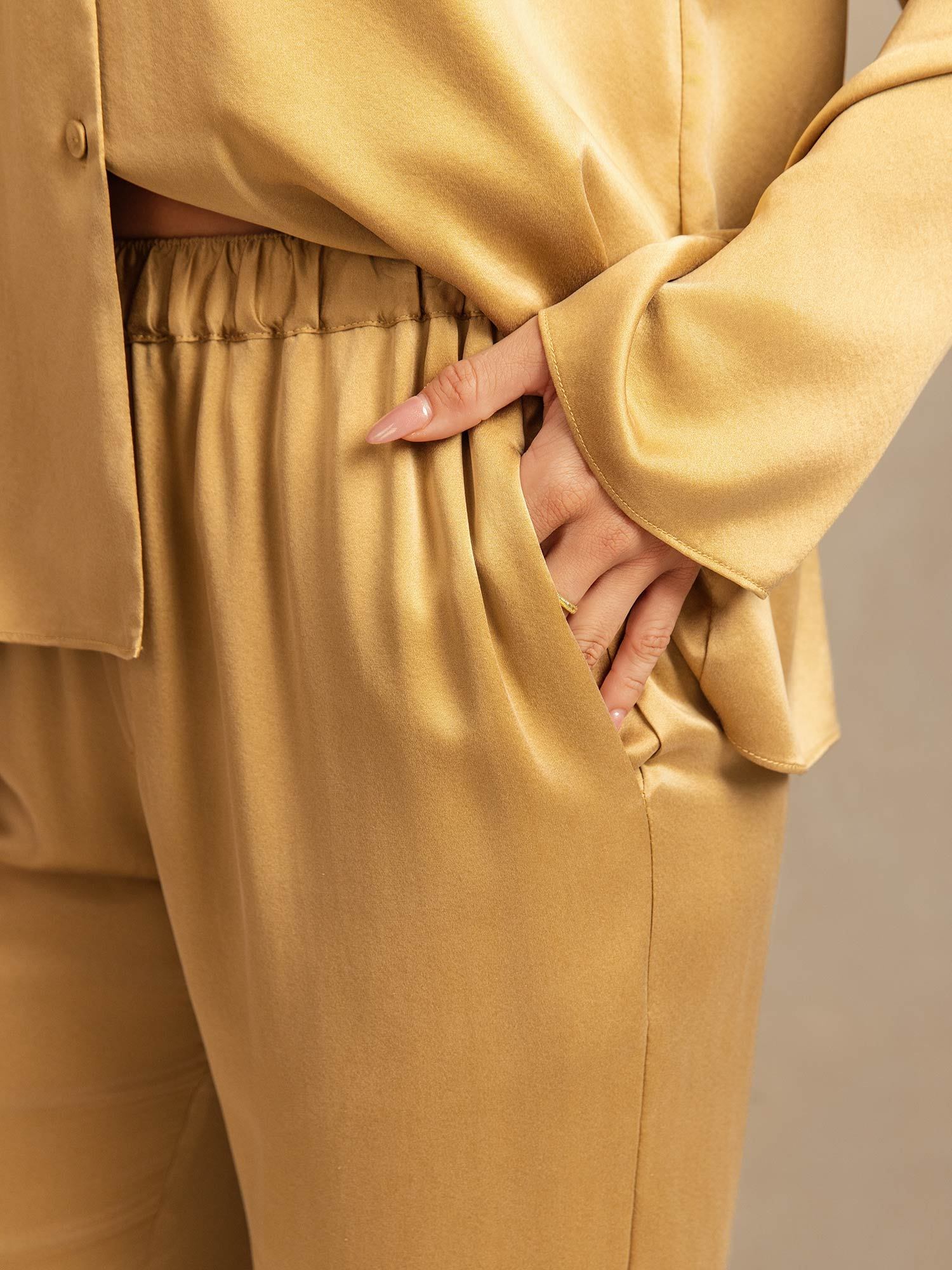 [MarroneChiaro] SilkSilky-IT 19Momme Seta Scollo a V dentellato Pigiami da donna 005