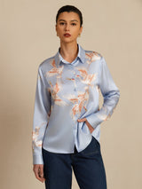 [Azzurro] SilkSilky-IT 19Momme Manica lunga Colletto con Revers Camicie da donna 004