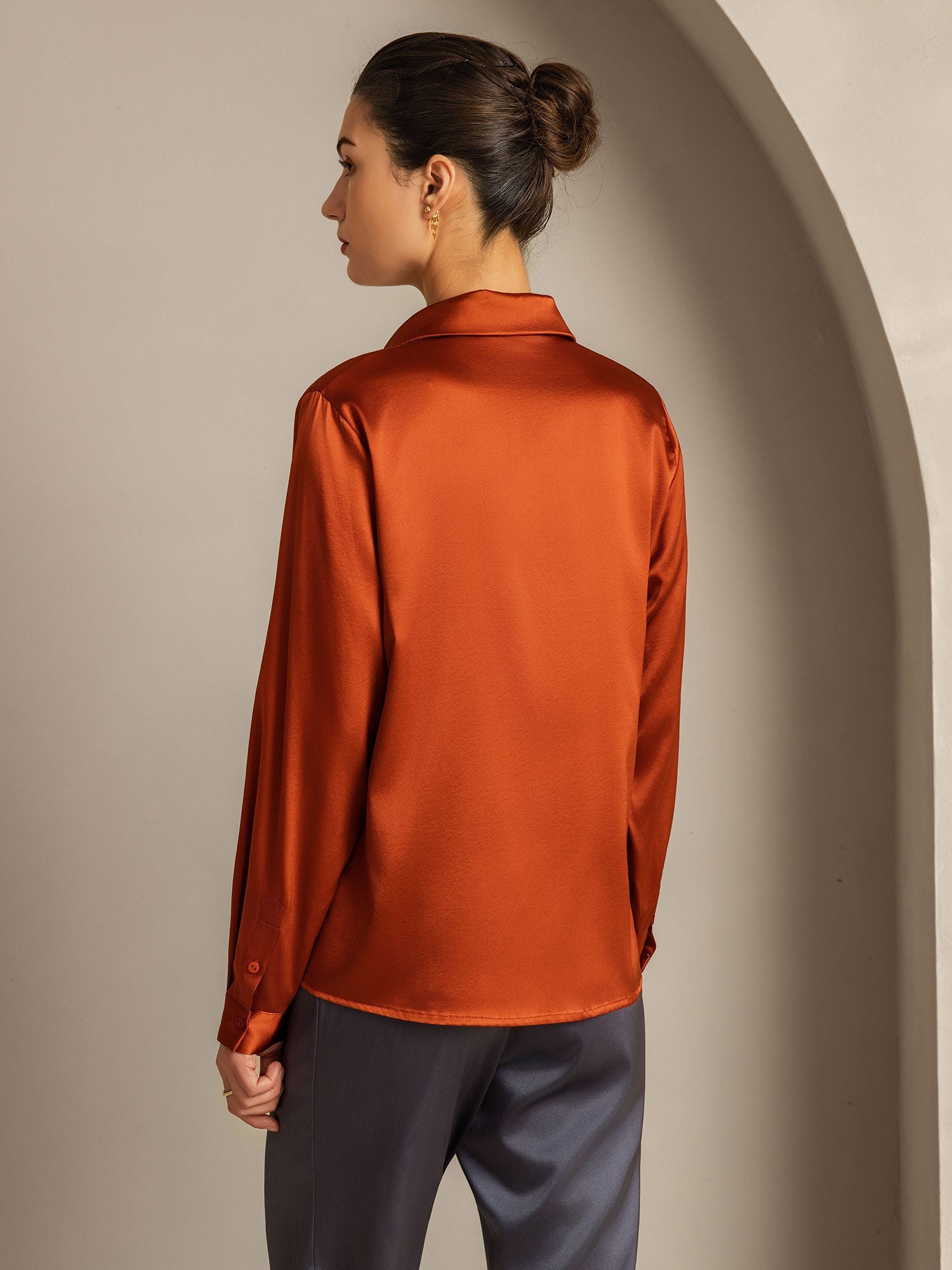 [Caramello] SilkSilky-IT 19Momme Manica lunga Colletto con Revers Camicie da donna 003