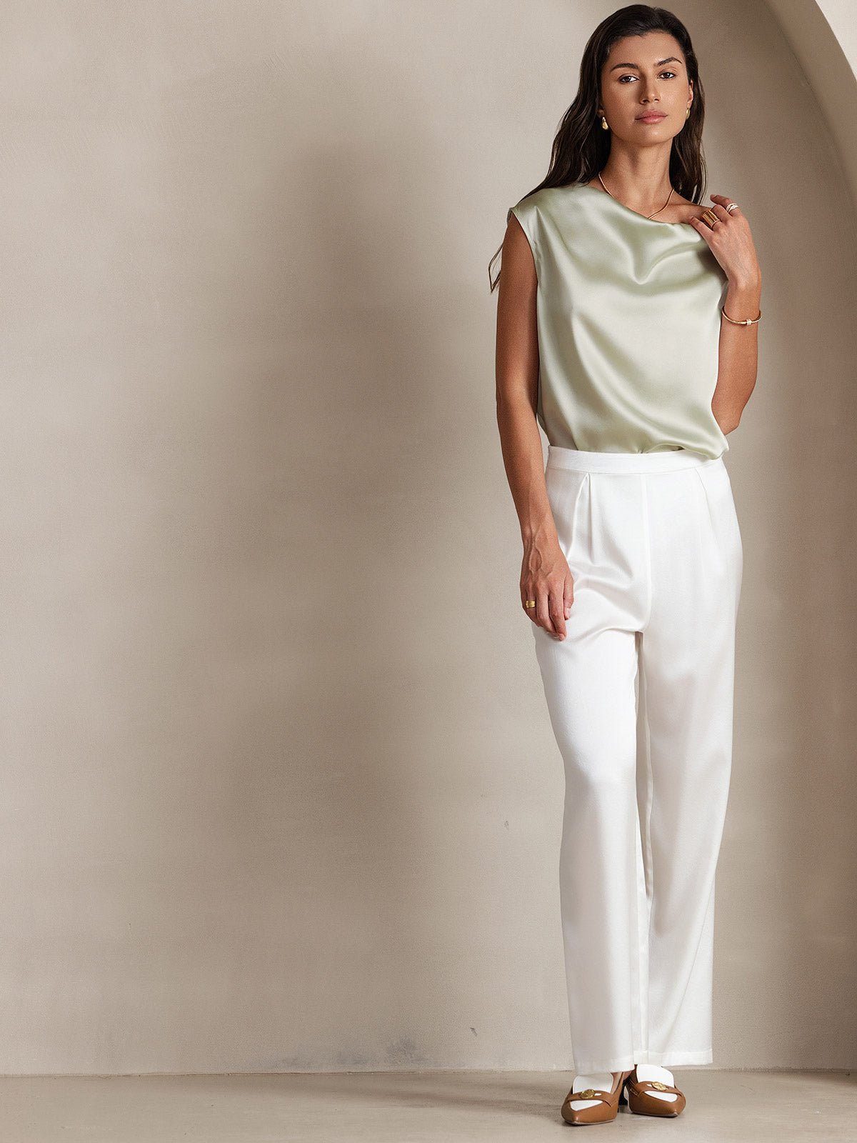 [Verde Chiaro] SilkSilky-IT 19Momme Seta Collo drappeggiato Magliette donna 006