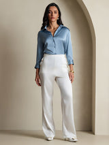 [Blu Grigiastro] SilkSilky-IT 3/4 Sleeve Lapel Collar Camicie da donna 006