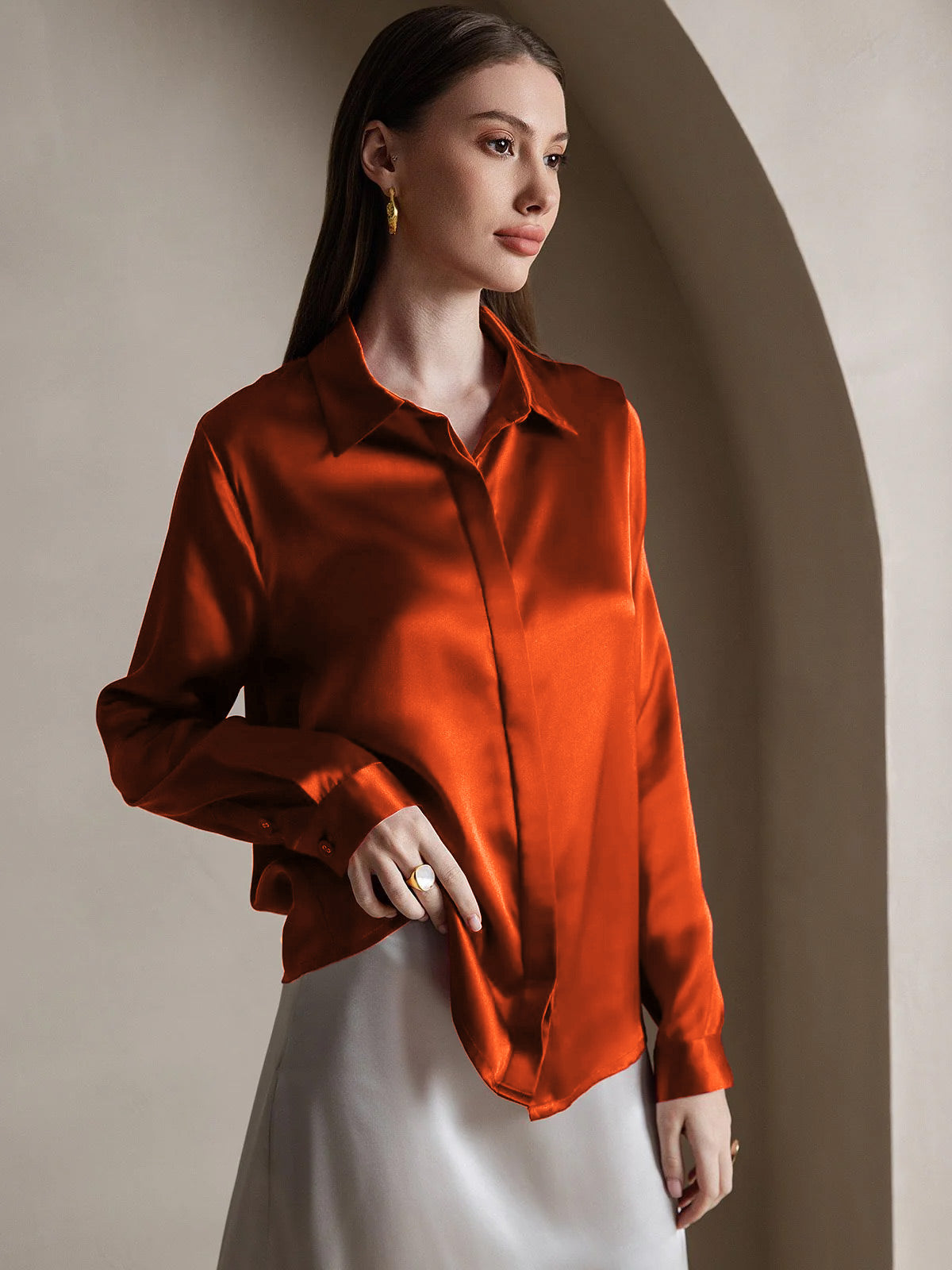 [Caramello] SilkSilky-IT 19Momme Seta Lapel Collar Camicie da donna 004