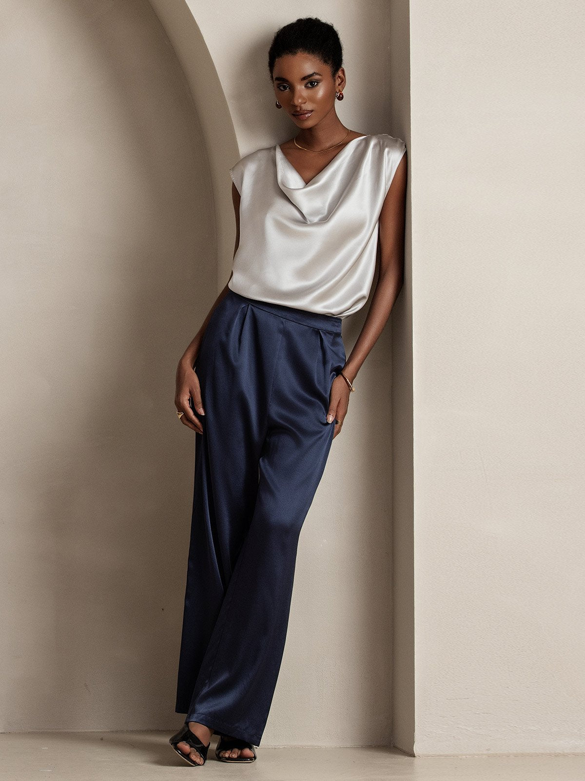 [Grigio Chiaro] SilkSilky-IT 19Momme Seta Senza maniche Collo drappeggiato Magliette donna 006