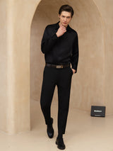 [Nero] SilkSilky-IT 19Momme Manica lunga Colletto con Revers Camicia da uomo 008