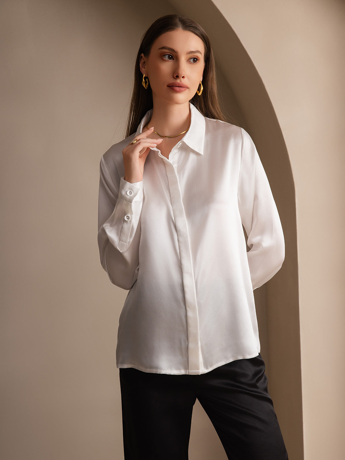 [Bianco] SilkSilky-IT 19Momme Seta Lapel Collar Camicie da donna 004