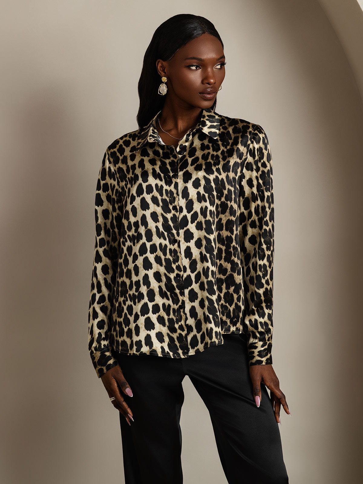 [Leopardo] SilkSilky-IT Manica lunga Colletto risvolto Camicie da donna 004