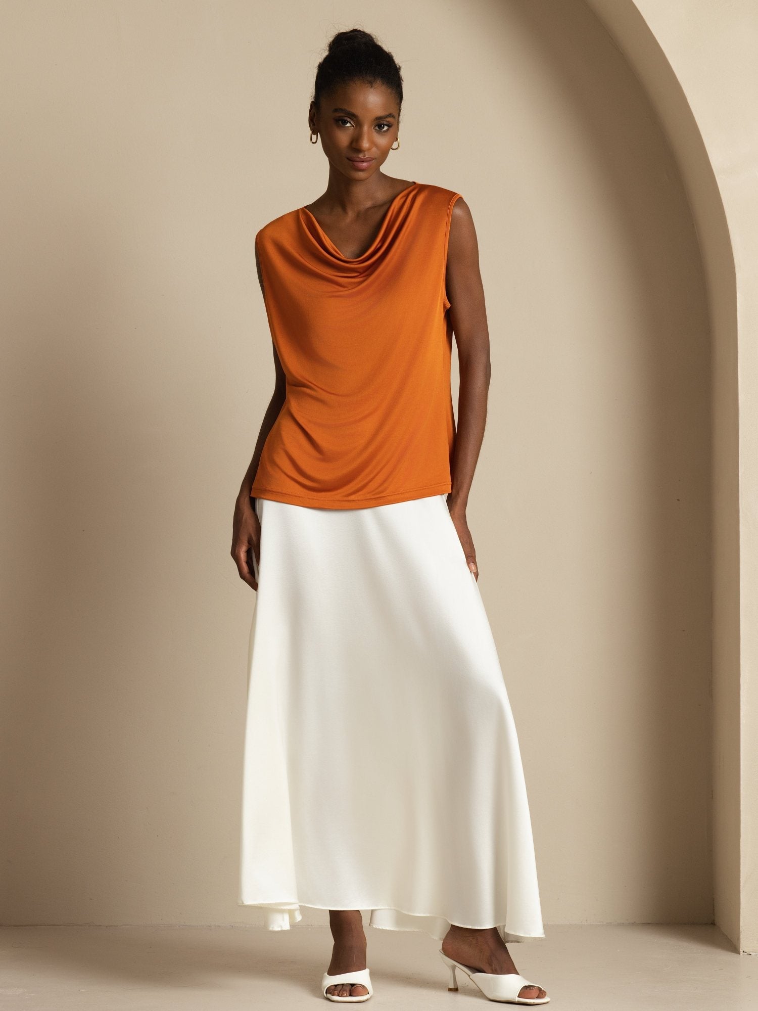 [Arancia] SilkSilky-IT Senza maniche Collo drappeggiato Magliette donna 006