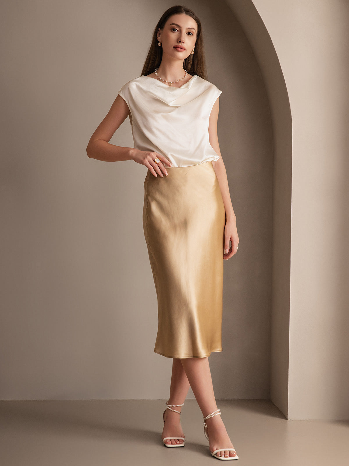 [Champagne] SilkSilky-IT 19Momme Seta pura Skirt 001,