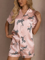 [Zebra Rosa] SilkSilky-IT Short Sleeve Lapel Collar Pigiami da donna 004