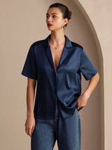 [Blu Scuro] SilkSilky-IT Short Sleeve Lapel Collar Camicie da donna 003