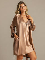 [Marrone] SilkSilky-IT 3/4 Sleeve V Neck Set camicia e vestaglia 006