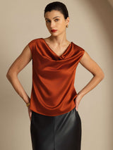 [Caramello] SilkSilky-IT Cap Sleeve Cowl Neck Magliette donna 004