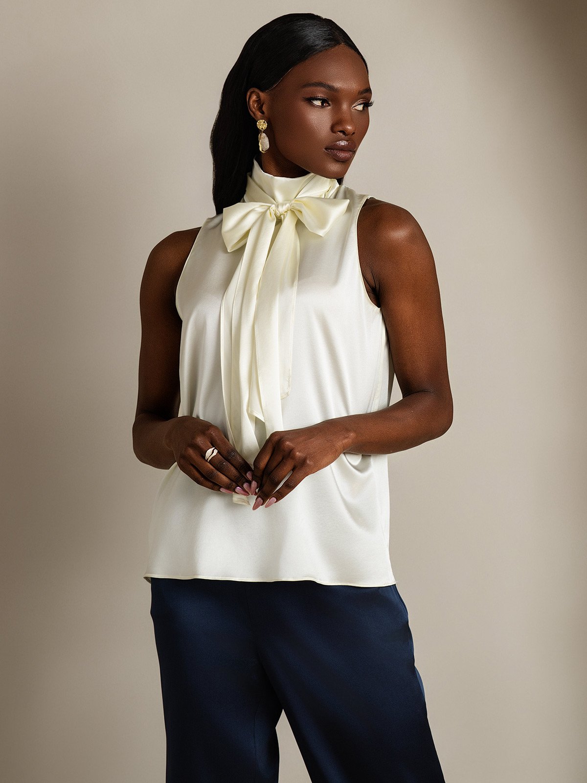 [Avorio] SilkSilky-IT 19Momme Senza maniche Collo con fiocco Camicette 005