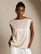 [Beige] SilkSilky-IT Cap Sleeve Round Neck Magliette donna 001