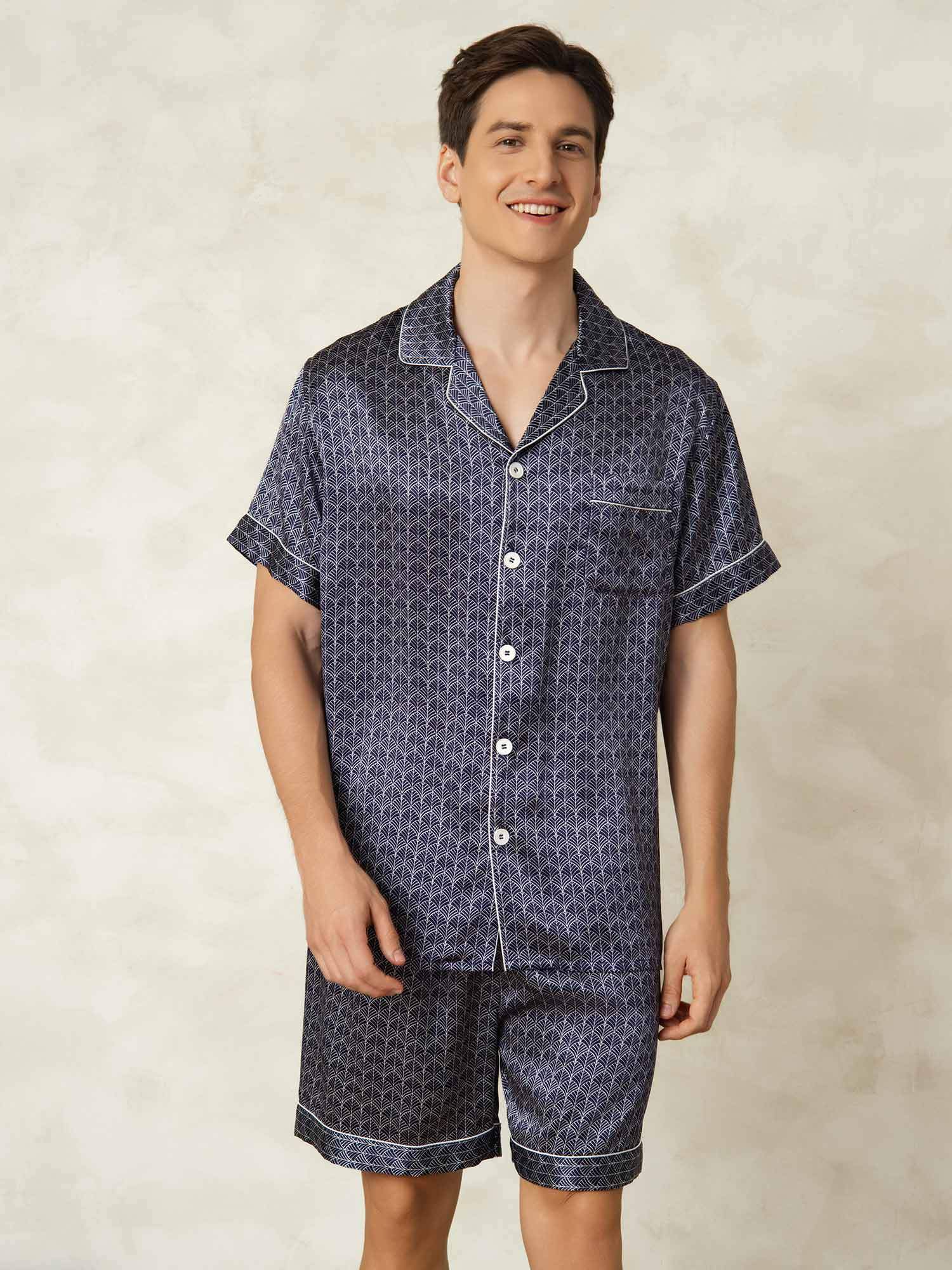 [Ginkgo Blu Navy] SilkSilky-IT Maniche Corte Collo a Taglio Pigiami da uomo 001