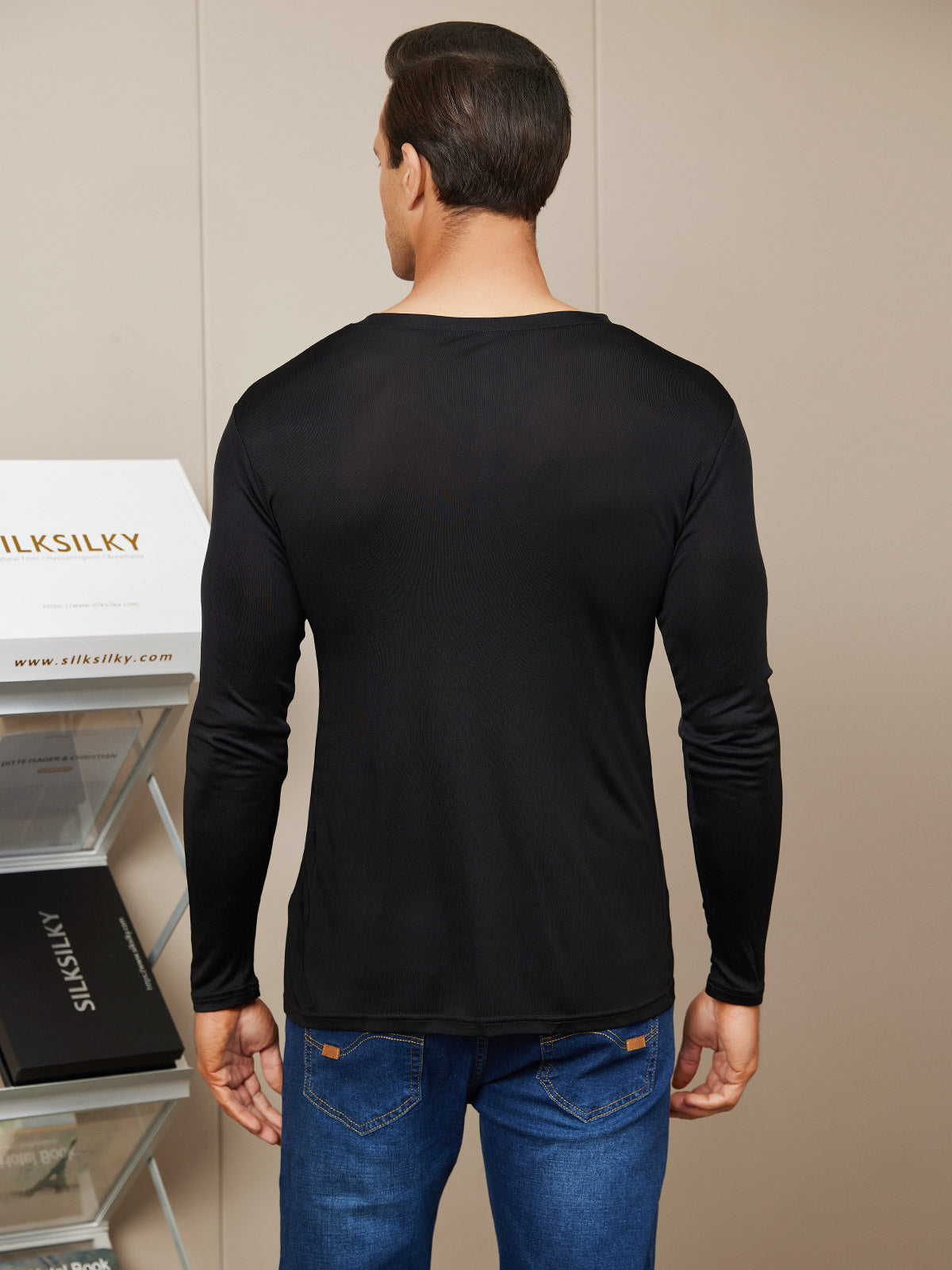 [Nero] SilkSilky-IT Maglia di seta Manica lunga Collo a V Maglietta da uomo 002