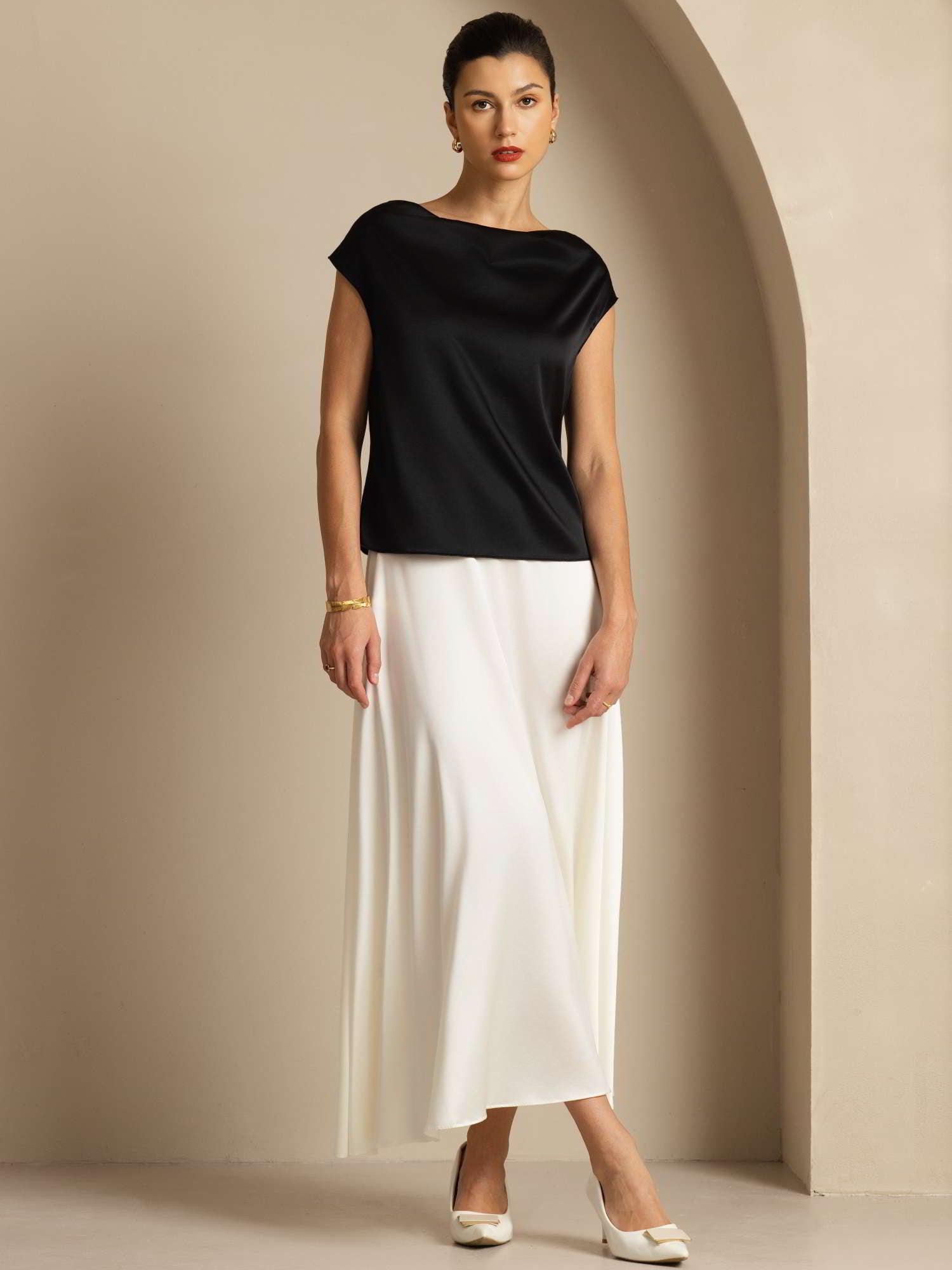 [Nero] SilkSilky-IT 19Momme Seta Senza maniche Collo drappeggiato Magliette donna 007