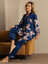 [Blu Scuro] SilkSilky-IT Long Sleeve Lapel Collar Pigiami da donna 006